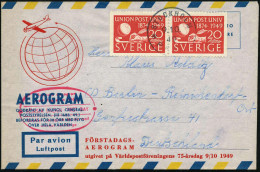 SCHWEDEN 1949 (9.10.) 20 Öre "75 Jahre UPU", Reine MeF: Paar Mittig Gez. Auf Sonder-Aerogramm "75 Jahre UPU" N. West-Ber - UPU (Union Postale Universelle)