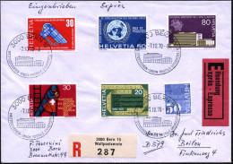 SCHWEIZ 1970 (7.10.) HWSt: 3000 BERN/WELTPOSTVEREIN - UPU (Gebäude) Auf 80 C. UPU Etc. (Mi.918/22) + Sonder-RZ: 3000 Ber - UPU (Wereldpostunie)