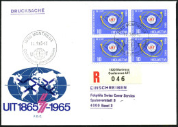 SCHWEIZ 1965 (14.9.) "100 Jahre UIT", Kompl. 4er-Block-Satz + 2x Sonder-RZ: 1820 Montreux/Conférence UIT (Mi.823/24 4er- - UPU (Union Postale Universelle)