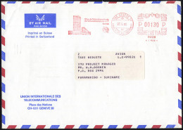 SCHWEIZ 1980 (27.5.) AFS.: 1200 GENEVE 20/CENTRE INTERN. DES CONFERENCES/9029/..UIT (Logo, Hochhaus) 00130 C. Auf Überse - UPU (Universal Postal Union)