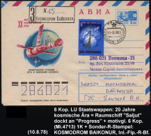 UdSSR 1978 (10.8.) 6 Kop. LU Luft- U. Raumfahrt, Blau: XX. Raumfahrt-Jubiläum = "Saljut-Docking Mit Progress 3" + Motivg - Russia & USSR