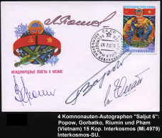 UdSSR 1980 (25.7.) 15 Kop. "Interkosmos" (an Bord "Saljut 6") + 1K-HdN: ...KOSMODROM BAIKONUR + 4 Orig. Kosmonauten-Sign - Russie & URSS