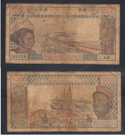 5000 Francs CFA, 1987 A, Côte D'Ivoire, A.9, 723328, Banque France, P#_08, Banque Centrale États De L'Afrique De L'Ouest - États D'Afrique De L'Ouest