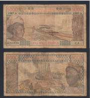 5000 Francs CFA, 1987 A, Côte D'Ivoire, C.9, 020820, Banque France, P#_08, Banque Centrale États De L'Afrique De L'Ouest - West African States
