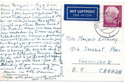 69793 - Bund - 1955 - 40Pfg Heuss I EF A LpAnsKte HEIDELBERG -> Vancouver, BC (Canada) - Lettres & Documents