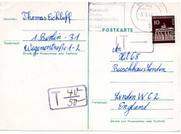 69800 - Berlin - 1968 - 10Pfg Brandenburger Tor EF A Kte BERLIN - ... -> Grossbritannien, M Dt Nachportostpl - Covers & Documents