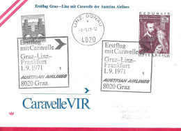 AUSTRIA - ERSTFLUG CARAVELLE AUA  FROM GRAZ/LINZ/FRANKFURT *1.9.1971* ON OFFICIAL COVER FROM LINZ - Premiers Vols