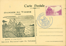 Dahomey Journée Du Timbre 1946 YT N°130 + 86 CAD Bleu Illustré Facteur JDT Cotonou 29 JUIN 46 - Cartas & Documentos