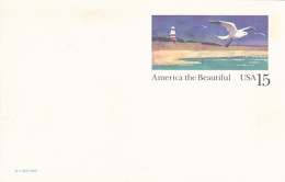AMERICA THE BEAUTIFUL- LIGHTHOUSE, BEACH, SEAGULL, PC STATIONERY, ENTIER POSTAL, 1989, USA - 1981-00