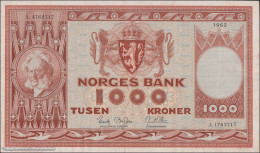 DWN - NORWAY 35c2 - 1000 1.000 Kroner 1962 VF+   A. 1762717 - Signatures: Brofoss & Ottesen - Norway