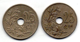 BELGIUM - Set Of Two Coins 25 Centimes, Copper-Nickel, Year 1909, 1908, KM # 62, 63, French & Dutch Legend - 25 Centimes