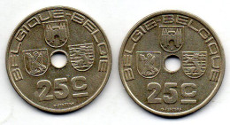 BELGIUM - Set Of Two Coins 25 Centimes, Nickel-Brass, Year 1938, 1939, KM # 114.1, 115.1, French & Dutch Legend - 25 Cents