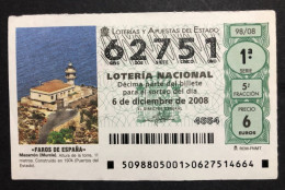 SUB 115 AM, 1 Lottery Ticket, Spain, 98/08, "FAROS DE ESPAÑA», « LIGHTHOUSES », « Mazarrón (Murcia) », 2008 - Billets De Loterie