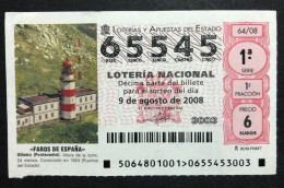 SUB 115 AM, 1 Lottery Ticket, Spain, 64/08, "FAROS DE ESPAÑA», « LIGHTHOUSES », « Silleiro, Pontevedra », 2008 - Billets De Loterie