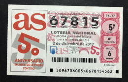 SUB 115 AM, 1 Lottery Ticket, Spain, 96/17, « SPORTS », « 50 Años De Deporte Contigo », 2017 - Billets De Loterie