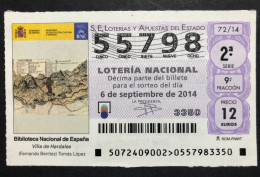 SUB 115 AM, 1 Lottery Ticket, Spain, 72/14, « LIBRARIES », « Biblioteca Nacional De España », 2014 - Billets De Loterie