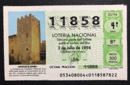 SUB 115 AM, 1 Lottery Ticket, Spain, 53/94, «ARCHITECTURE», «CASTLES», «CASTILLOS DE ESPAÑA», Vulpellach (Gerona), 1994 - Billets De Loterie