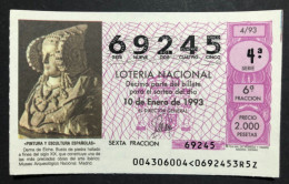 SUB 115 AM, 1 Lottery Ticket, Spain, 4/93, « PAINTING », « SCULPTURE », « Dama De Elche », 1993 - Billets De Loterie