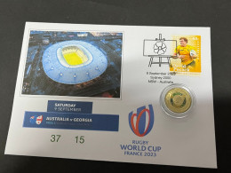 12-9-2023 (4 T 52) France 2023 Rugby World Cup - Australia (37) V Georgia  (15) 8-9-2023 (Paris) + Rugby Coin - 2 Dollars