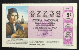 SUB 115 AM, 1 Lottery Ticket, Spain, 6/87,« Famous People », « VICENTE YAÑEZ PINZON », 1987 - Billets De Loterie