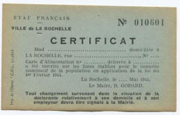 WW2 Belle Carte Vierge "Etat Français, Certificat, Carte D'alimentation" Ville De La Rochelle - Charente-Maritime - WWII - 1939-45