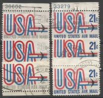 USA Ribbon Airmail 1968/73 SC.# C75+C81 . #2 With Plate  Number + # VFU Circular PMk + #2 Sheet Margin - 3a. 1961-… Gebraucht