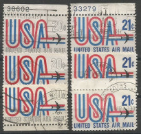 USA Ribbon Airmail 1968/73 SC.# C75+C81 . #2 With Plate  Number + # VFU Circular PMk + #2 Sheet Margin - Plate Blocks & Sheetlets