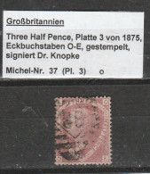 GB 1875: 1 1/2 D Rosy-mauve, Plate 3, Used, No Fault Signed Dr. Knopke; Michel-No. 37 Pl. 3      O - Gebraucht