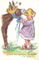 FANTAISIES  - Animaux Habillés - Petite Fille - âne En Chapeau - Colorisé - Carte Postale Ancienne - Geklede Dieren