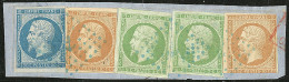Afft Tricolore, Obl Ancre Bleue. Nos 12 (2) + 13B (2 Ex Def) + 14 (def), Sur Petit Fragment. - TB - 1853-1860 Napoleone III