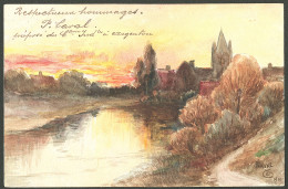 Lettre Illustration à La Main. "Coucher De Soleil", CP Aquarelle Et Plume, Signée "P.Laval 1910", Voyagé. - TB - Unclassified