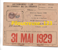 49 Maine Et Loire - CHOLET  - " Carte Sociétaire De Mr Auguste LYSSE 1929 Automobile Club De L'Ouest De La France " - Voitures