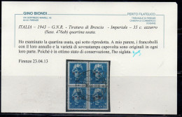 ITALIA REGNO ITALY KINGDOM 1944 VARIETÀ VARIETY REPUBBLICA SOCIALE ITALIANA RSI GNR G.N.R. 35c QUARTINA BLOCK USATA USED - Oblitérés