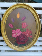 Tableau Bouquet De Fleurs Tulipes & Roses Signé - Oils