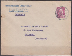 SAINT-ETIENNE  " Manufacture Des Cycles BALLIS "  Sur Lettre Pub 1953 Avec Mne De GANDON 10F Et Cachet ROND - Briefe U. Dokumente