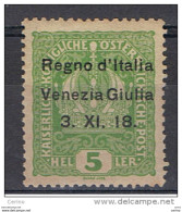 VENEZIA  GIULIA:  1918  SOPRASTAMPATO  -  5 H. VERDE  GIALLO  N. -  LONGHI  -  SASS. 2 - Venezia Giuliana