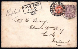 1900 Cover From Belfast To Cork With Exceptional Strike Of The Rare Boxed T-shape LATE FEE / PAID / 62 Of Belfast - Prephilately