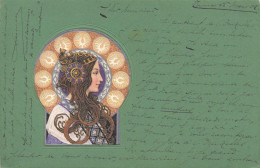 Illustrateur - Mucha Non Signé - Art Nouveau - Femme Eux Cheveux Long De Profil Dans Un Hallo - Carte Postale Ancienne - Zonder Classificatie