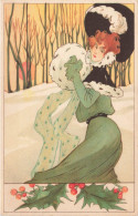 Illustrateur - Femme En Manteau Et Avec Manchon Vert - Hiver - Feuilles De Houx - Carte Postale Ancienne - Ohne Zuordnung