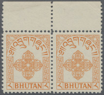 Bhutan: 1955 First Issue, 1sh. Blue, 2sh. Carmine And 8sh. Orange Each In Block - Bhutan