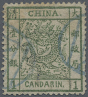 China: 1878, Large Dragon Thin Paper 1 Ca. Green Canc. Blue Seal (Michel €420) - Other & Unclassified