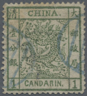 China: 1878, Large Dragon Thin Paper 1 Ca. Green Canc. Blue Seal (Michel €420) - Altri & Non Classificati