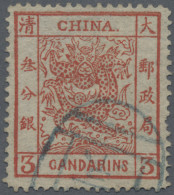 China: 1878, Large Dragon Thin Paper 3 Ca. Dark Red, Canc. Blue Seal "(Pe)king", - Otros & Sin Clasificación