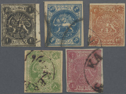Iran: 1875-76 Set Of Five Used Stamps, With 1ch. Black, 2ch. Blue, 4ch. Vermilio - Iran