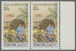Laos: 1982 5k. Horizontal Pair, Overprinted "1982" With Variety "inverted "8" In - Laos