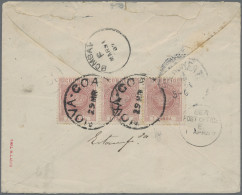 Portugese India: 1887, 1 T. Rose, A Horizontal Strip Of Three Tied Two Clear Str - India Portuguesa