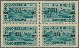 Syria: 1926, Revaluation Surcharges, 7.50pi.on 2.50pi. Greenish-blue, Block Of F - Syrie