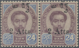 Thailand: 1908 Provisional 2a. On 24a. Horizontal Pair, Variety "ovpt. Shifted U - Thaïlande