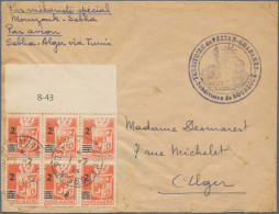 Fezzan: 1944, Algerian 2 F On Unissued 5 Fr Orange Red, Block Of 6 With Upper Sh - Lettres & Documents