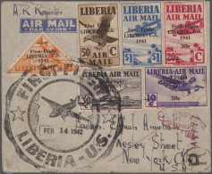 Liberia: 1942 "First Flight Liberia-U.S.": 1941 Airmail Stamps 50c On 4c, 50c On - Liberia